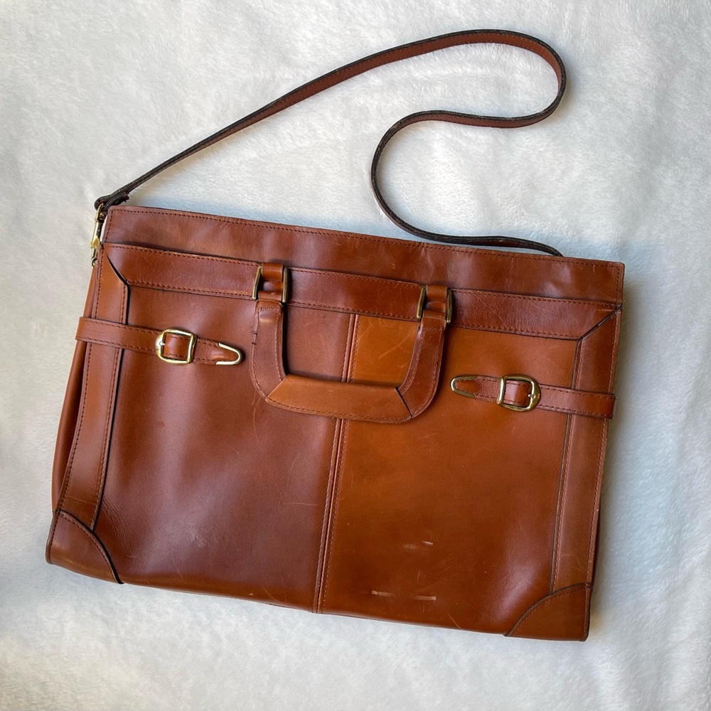 Vintage Leather Bright Camel Work or Laptop Shoulder Bag w Handles